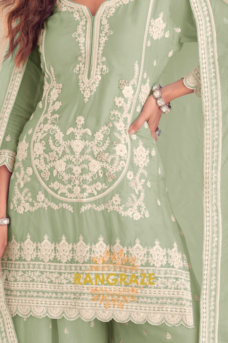 Mint Green Pure Chinon Hand Embroidered Sharara Suit Set
