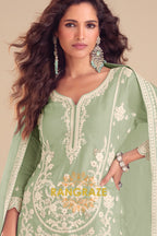 Mint Green Pure Chinon Hand Embroidered Sharara Suit Set