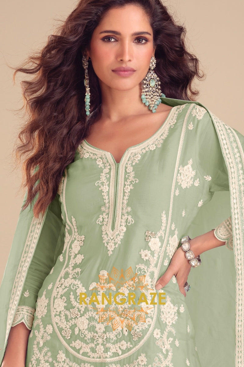 Mint Green Pure Chinon Hand Embroidered Sharara Suit Set