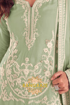 Mint Green Pure Chinon Hand Embroidered Sharara Suit Set