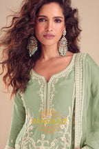 Mint Green Pure Chinon Hand Embroidered Sharara Suit Set