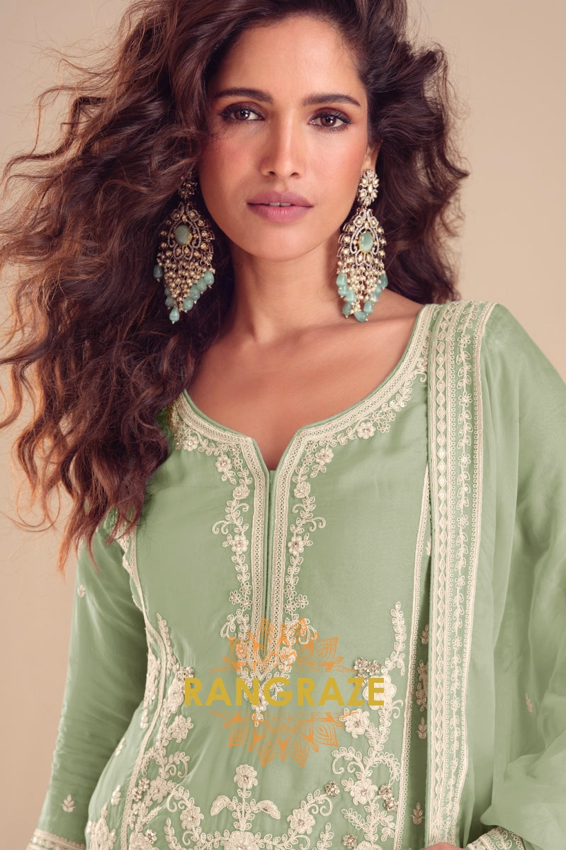 Mint Green Pure Chinon Hand Embroidered Sharara Suit Set