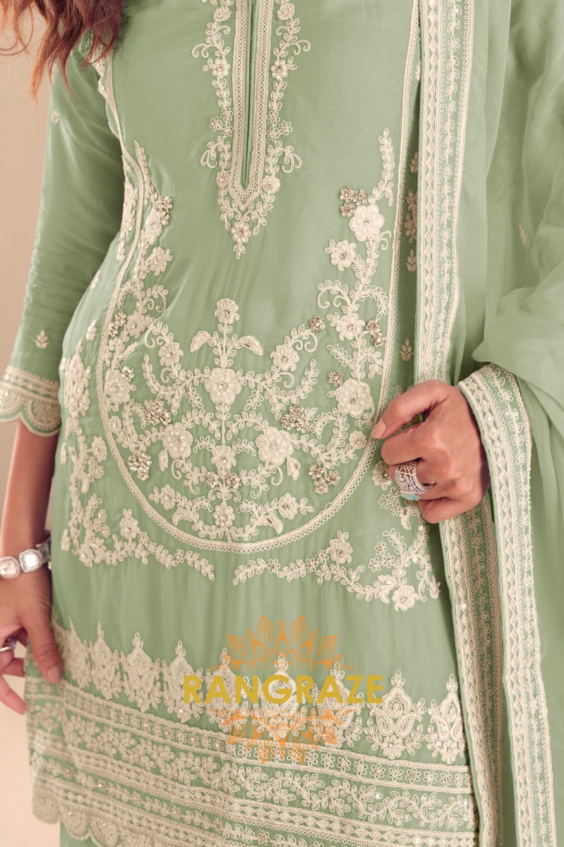 Mint Green Pure Chinon Hand Embroidered Sharara Suit Set