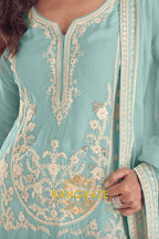 Aqua Blue Pure Chinon Embroidered Sharara Suit Set