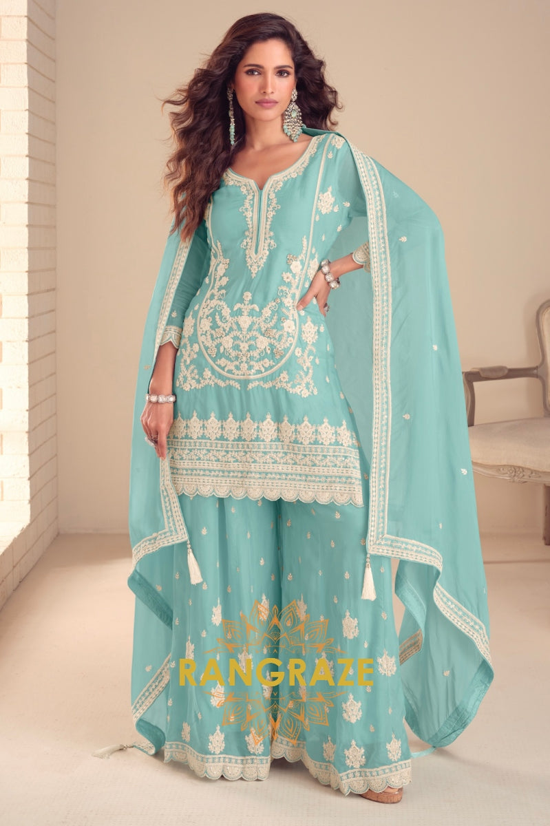 Aqua Blue Pure Chinon Embroidered Sharara Suit Set