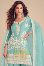 Aqua Blue Pure Chinon Embroidered Sharara Suit Set