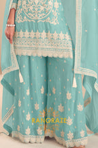 Aqua Blue Pure Chinon Embroidered Sharara Suit Set