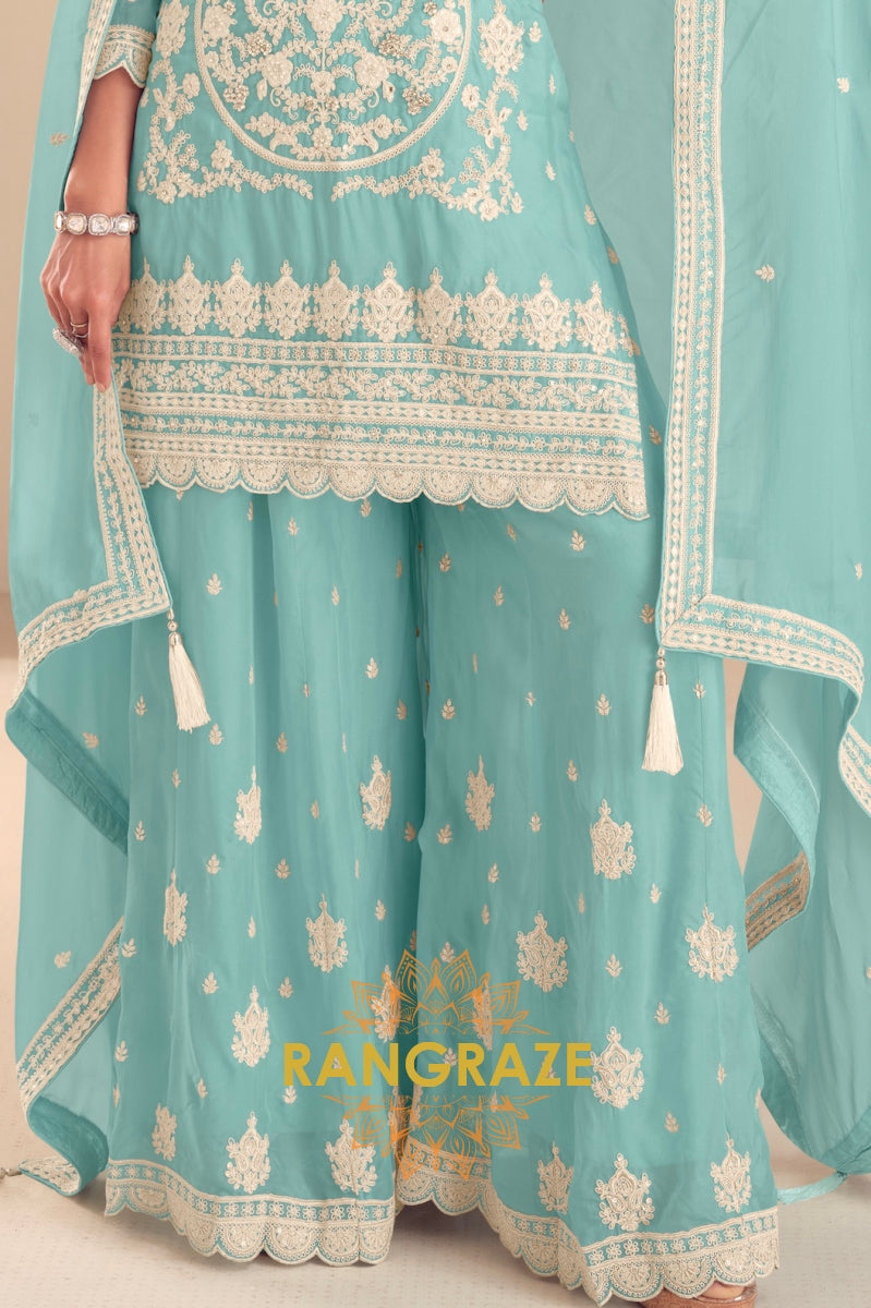 Aqua Blue Pure Chinon Embroidered Sharara Suit Set