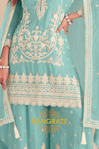 Aqua Blue Pure Chinon Embroidered Sharara Suit Set
