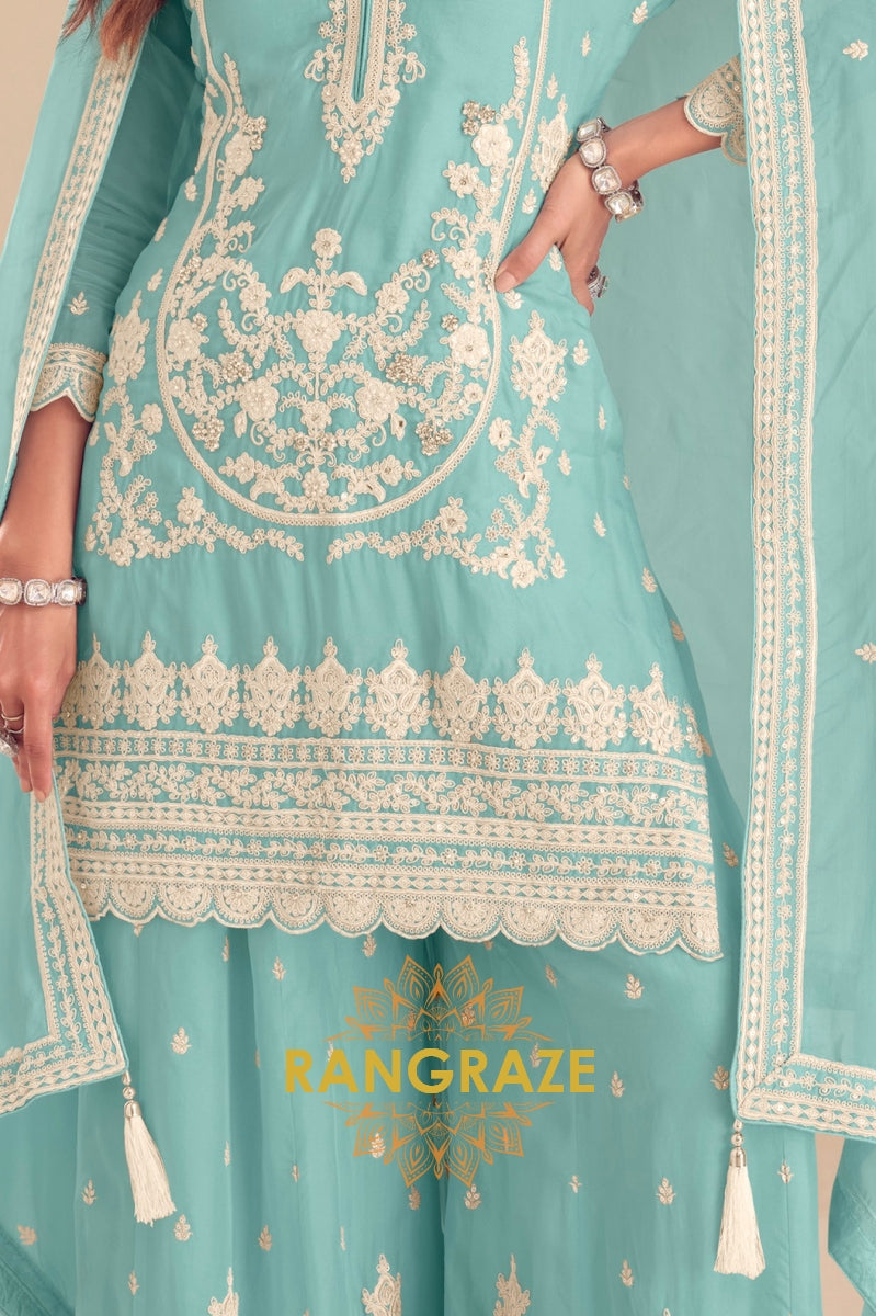 Aqua Blue Pure Chinon Embroidered Sharara Suit Set
