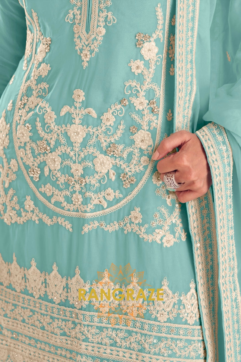Aqua Blue Pure Chinon Embroidered Sharara Suit Set