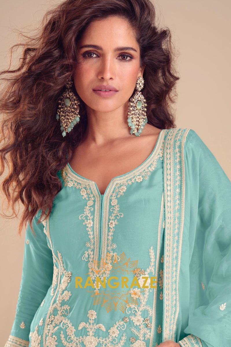 Aqua Blue Pure Chinon Embroidered Sharara Suit Set
