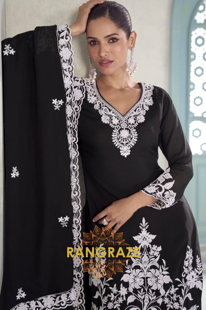 Black Pure Chinnon Embroidered Suit Set