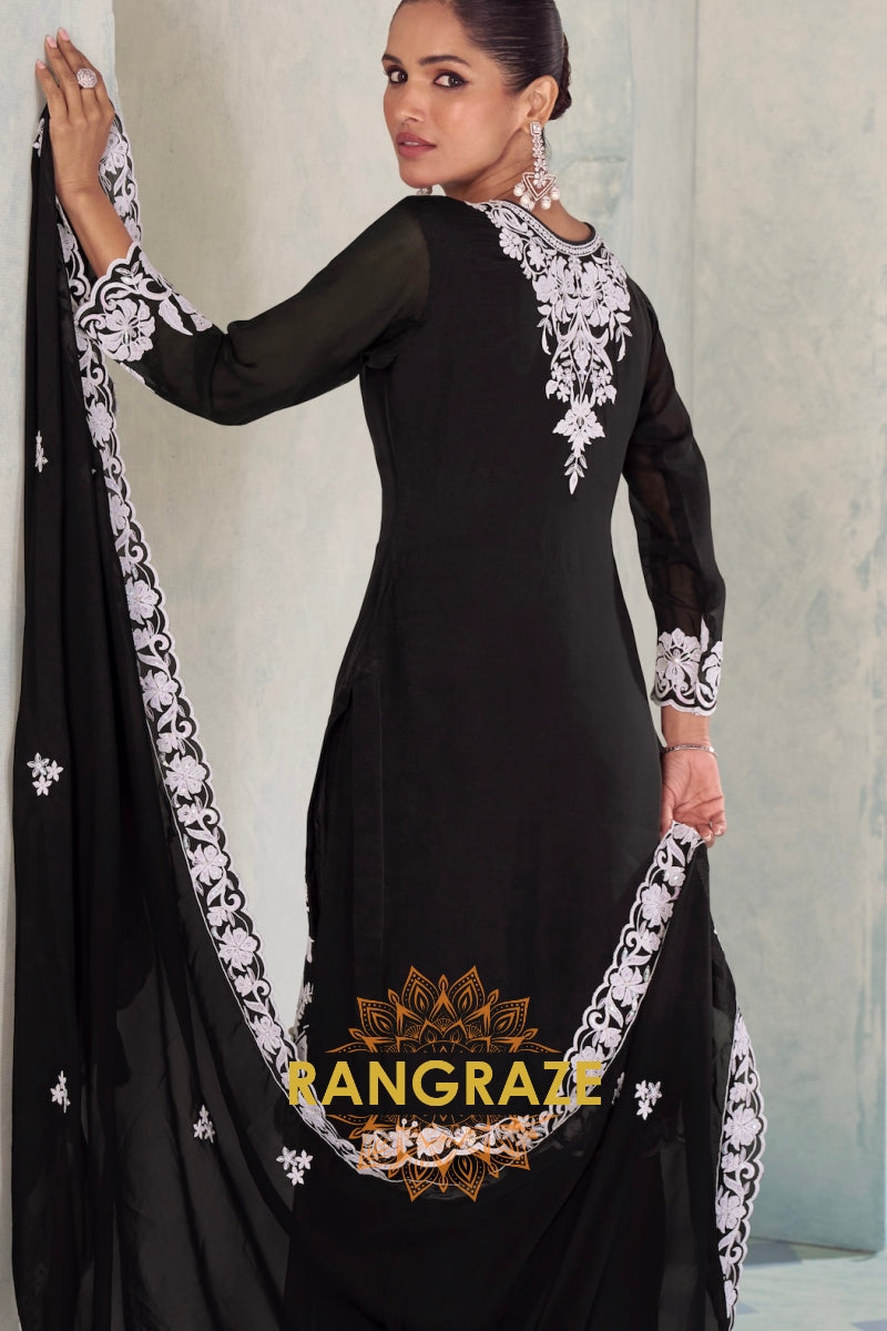 Black Pure Chinnon Embroidered Suit Set