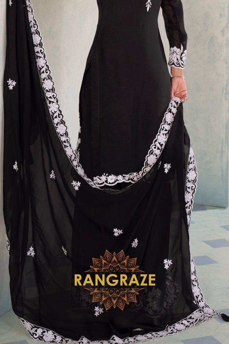 Black Pure Chinnon Embroidered Suit Set