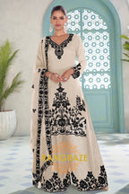 Ivory & Black Pure Chinnon Anarkali Suit Set