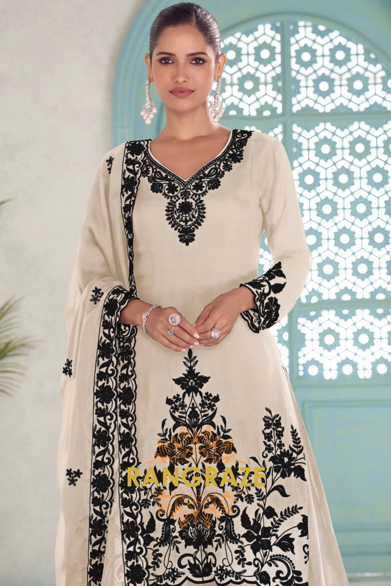 Ivory & Black Pure Chinnon Anarkali Suit Set