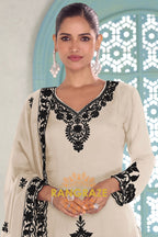 Ivory & Black Pure Chinnon Anarkali Suit Set