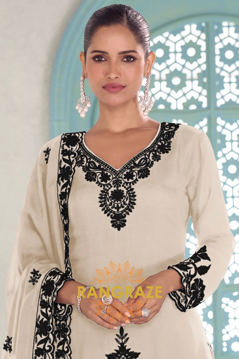 Ivory & Black Pure Chinnon Anarkali Suit Set