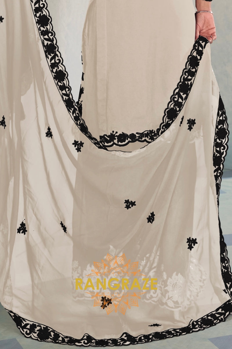 Ivory & Black Pure Chinnon Anarkali Suit Set