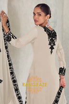 Ivory & Black Pure Chinnon Anarkali Suit Set