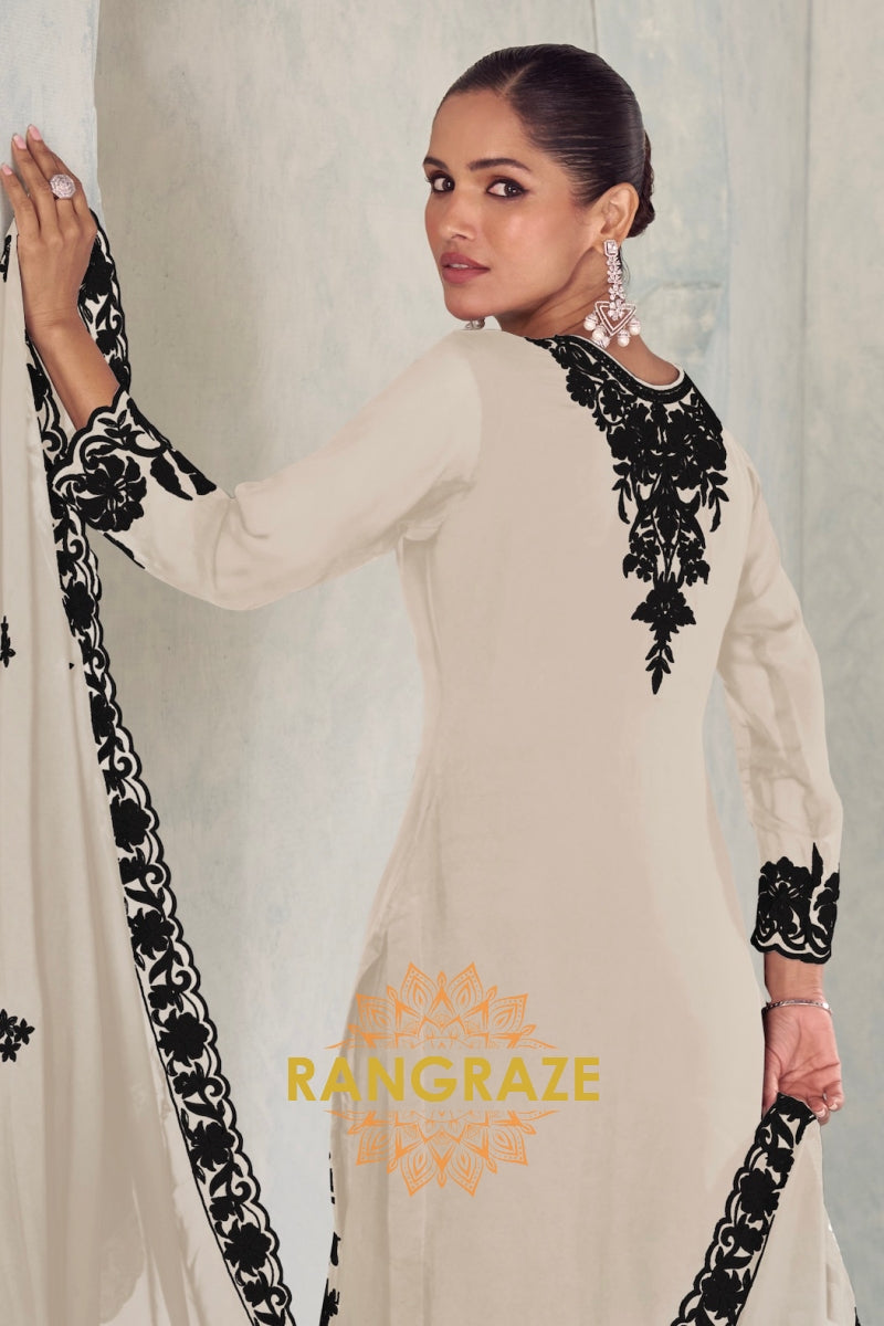 Ivory & Black Pure Chinnon Anarkali Suit Set