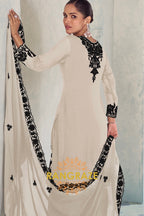 Ivory & Black Pure Chinnon Anarkali Suit Set