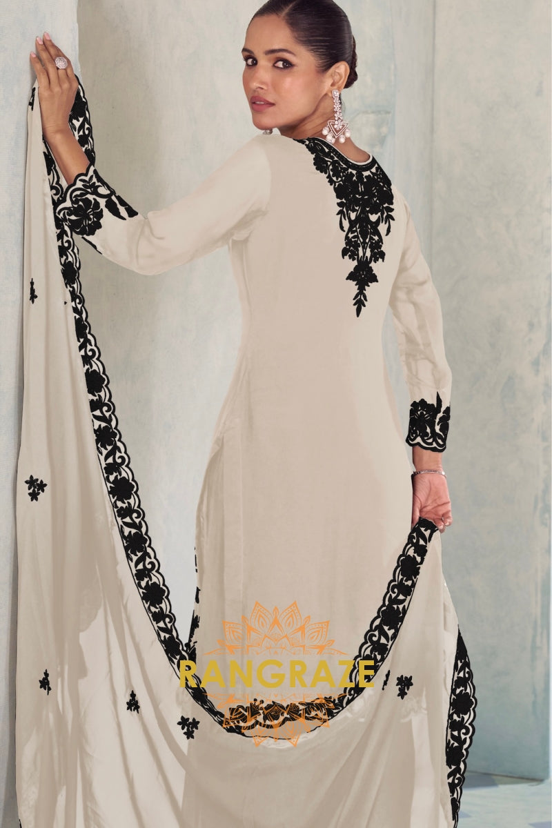 Ivory & Black Pure Chinnon Anarkali Suit Set