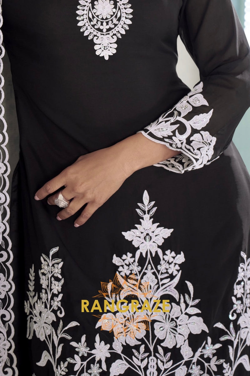 Black Pure Chinnon Embroidered Suit Set