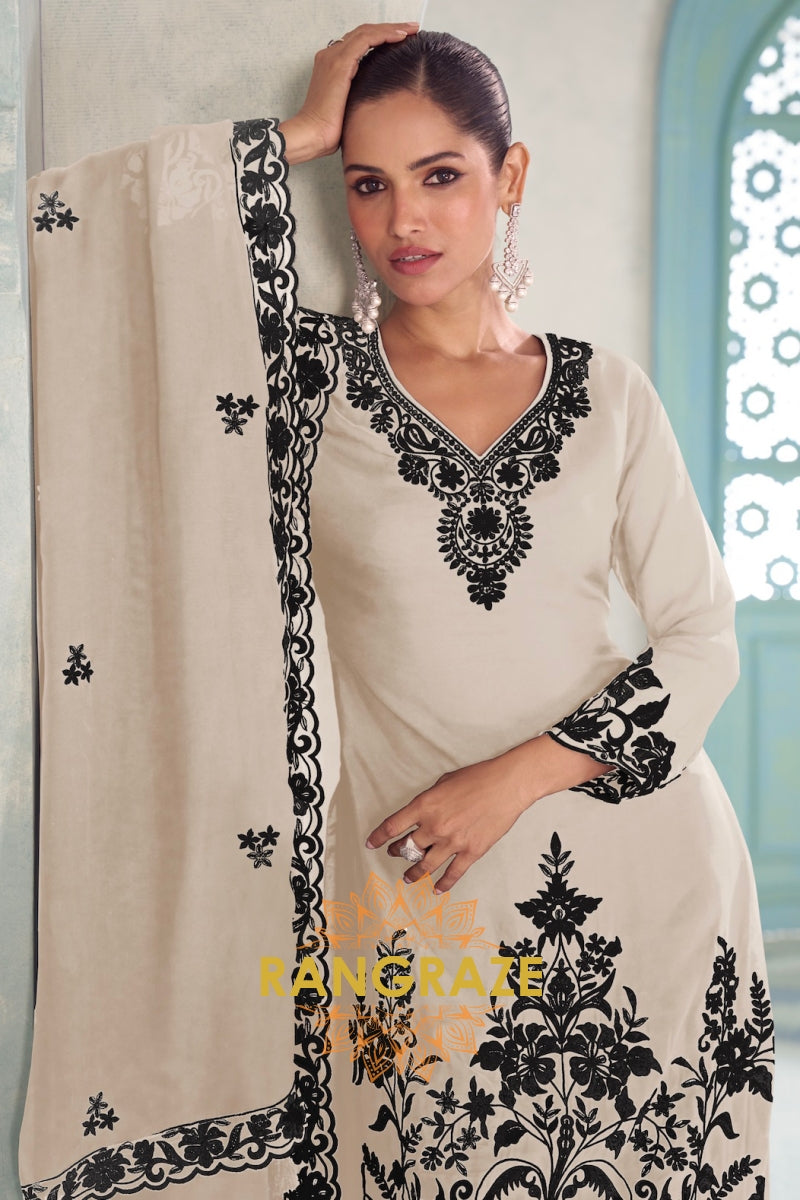 Ivory & Black Pure Chinnon Anarkali Suit Set