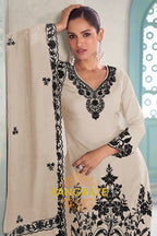 Ivory & Black Pure Chinnon Anarkali Suit Set