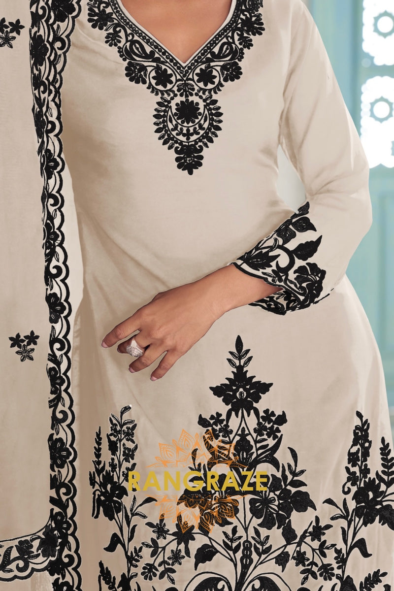 Ivory & Black Pure Chinnon Anarkali Suit Set