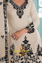 Ivory & Black Pure Chinnon Anarkali Suit Set