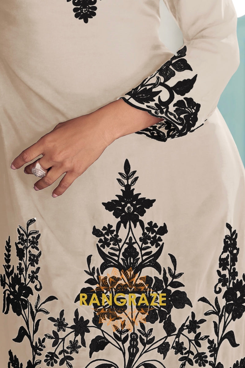 Ivory & Black Pure Chinnon Anarkali Suit Set