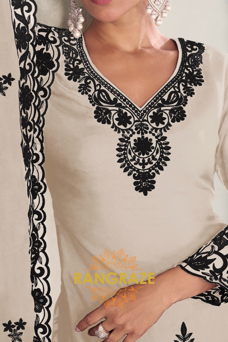 Ivory & Black Pure Chinnon Anarkali Suit Set