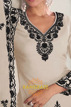 Ivory & Black Pure Chinnon Anarkali Suit Set