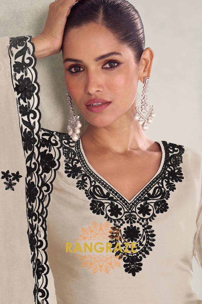 Ivory & Black Pure Chinnon Anarkali Suit Set