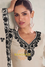 Ivory & Black Pure Chinnon Anarkali Suit Set