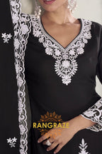 Black Pure Chinnon Embroidered Suit Set