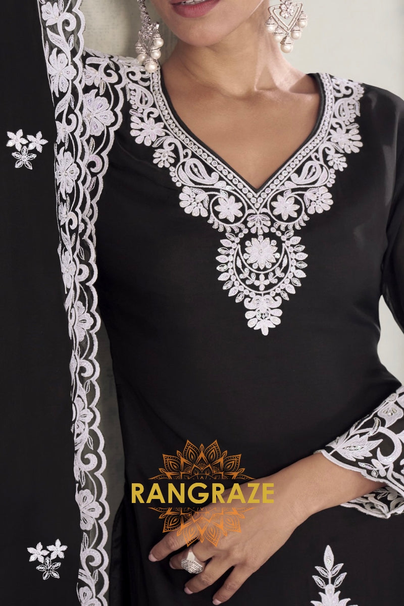 Black Pure Chinnon Embroidered Suit Set