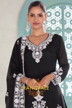 Black Pure Chinnon Embroidered Suit Set