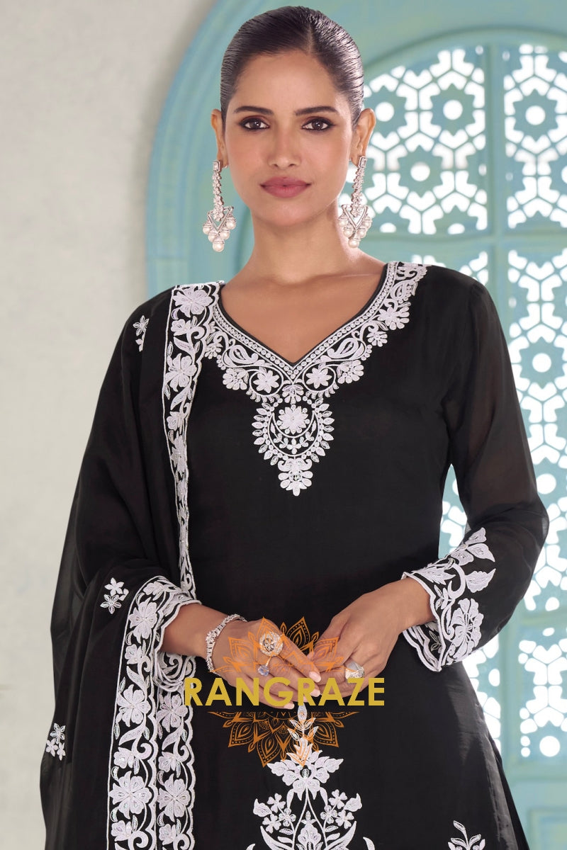 Black Pure Chinnon Embroidered Suit Set