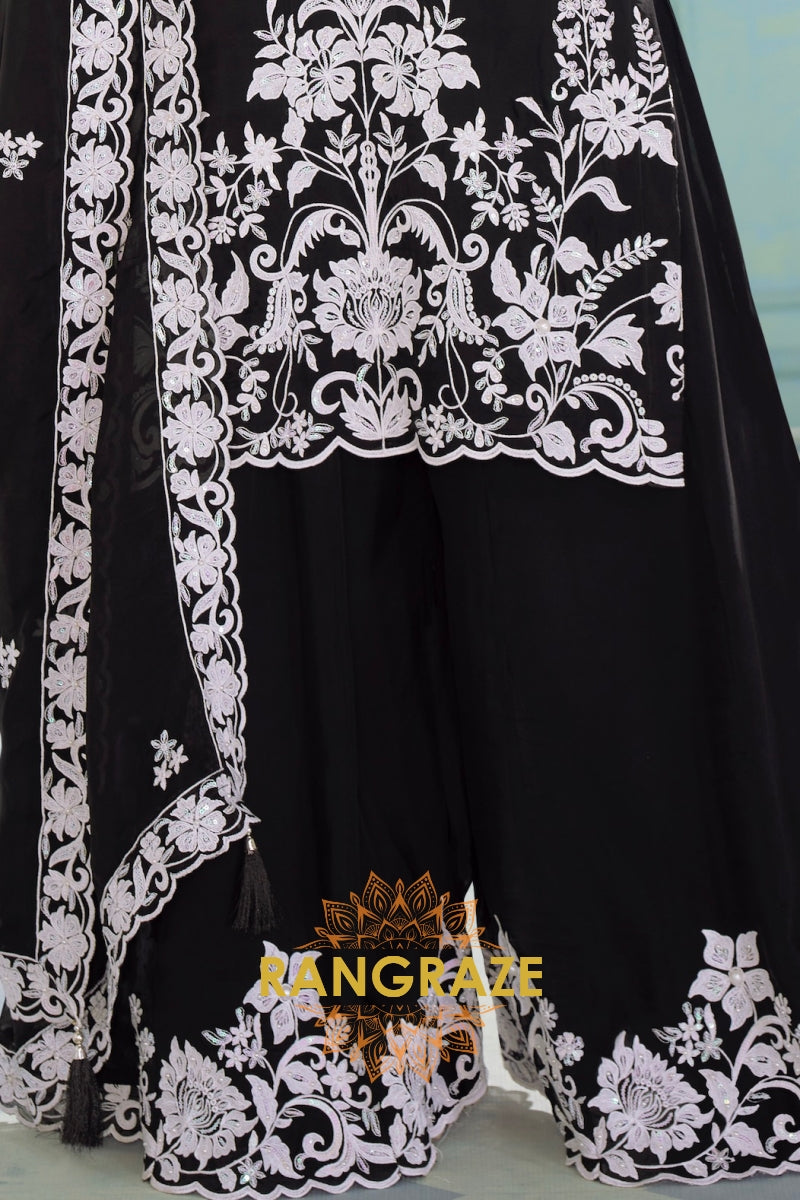 Black Pure Chinnon Embroidered Suit Set