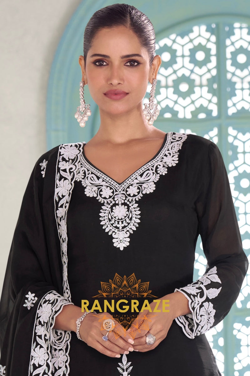 Black Pure Chinnon Embroidered Suit Set