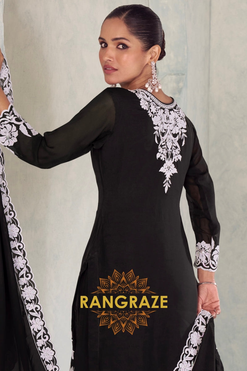 Black Pure Chinnon Embroidered Suit Set