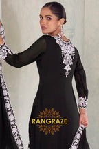 Black Pure Chinnon Embroidered Suit Set