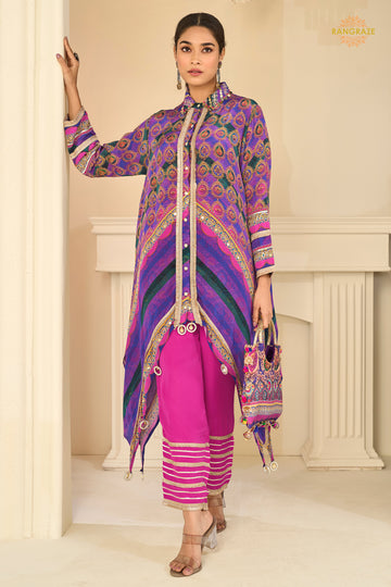 Purple And Pink Readymade Embroidered Crepe Silk Suit