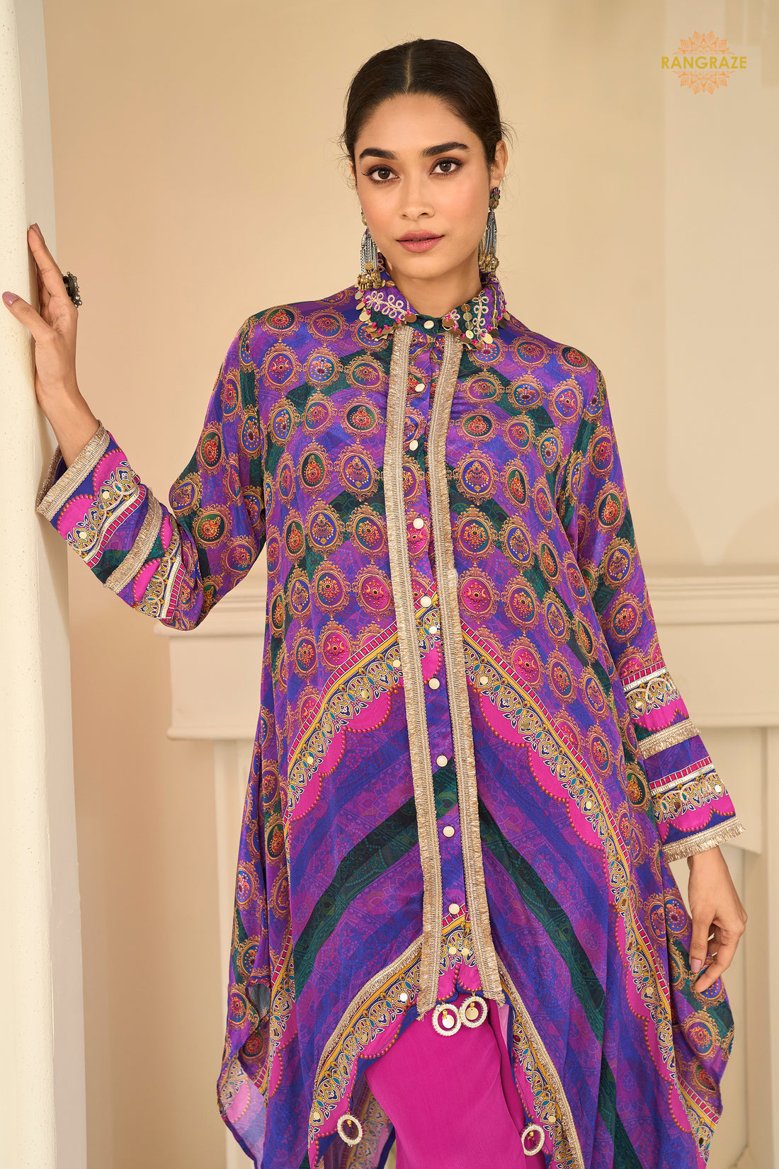 Purple And Pink Readymade Embroidered Crepe Silk Suit