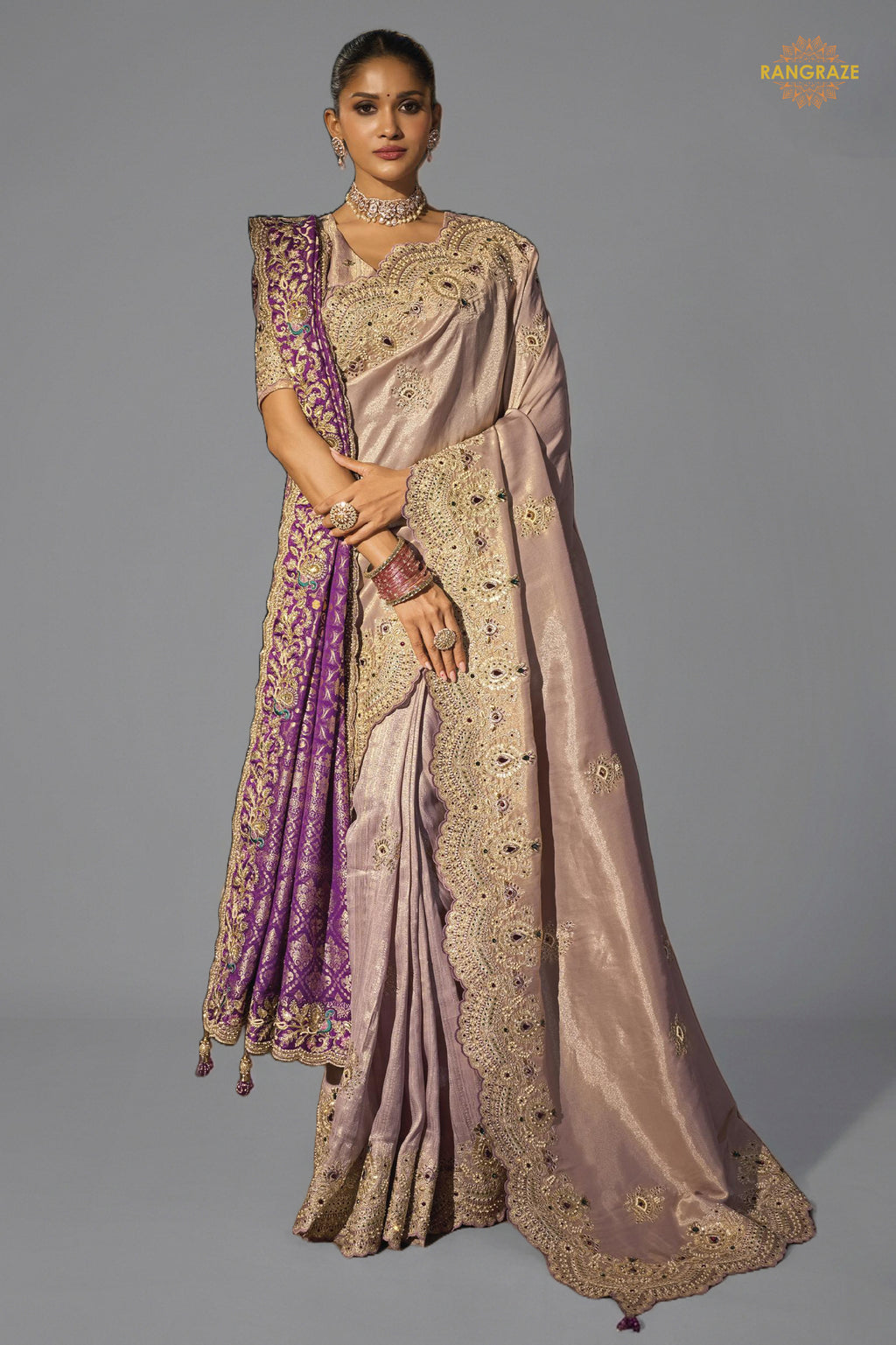 Purple Embroiderd Tanchoi Silk Saree With Dupatta