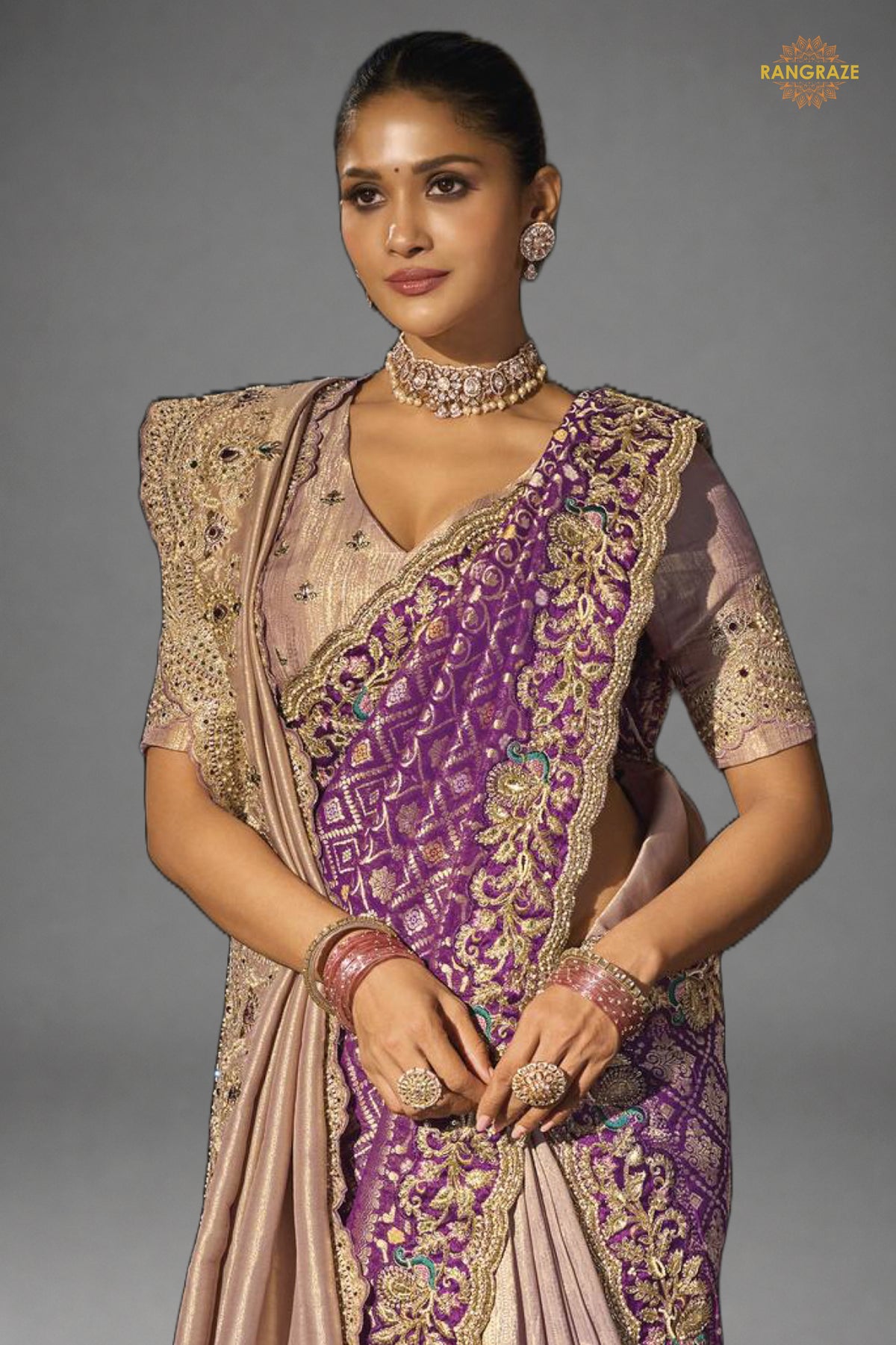 Purple Embroiderd Tanchoi Silk Saree With Dupatta